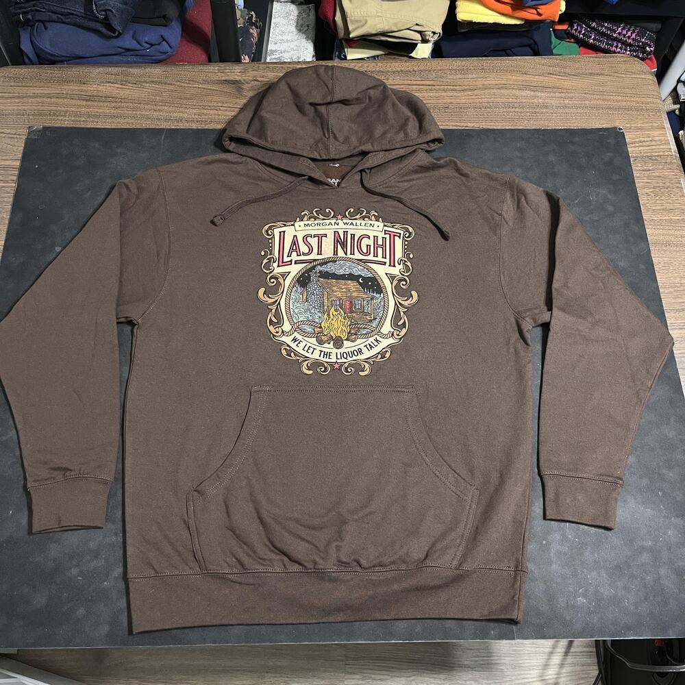Morgan Wallen Hoodie Sweatshirt Mens Large Brown Last Night Liquor Talk Graphic